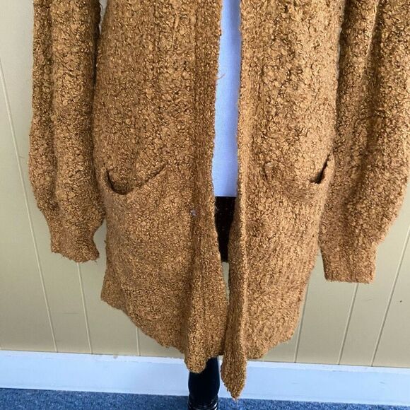 American Eagle women S open front textured cardigan w/front pockets gold - Picture 2 of 9